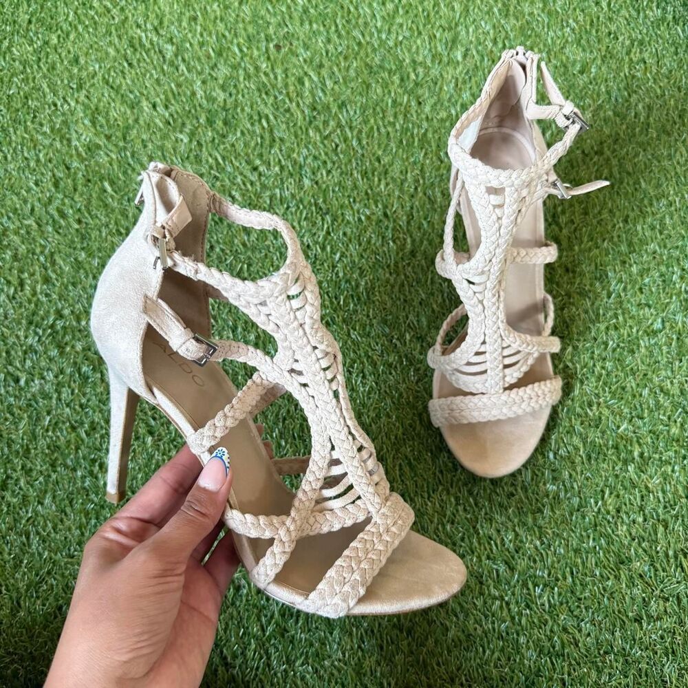 Y2K ALDO beige/cream/nude/tan braided caged heel sandals, size 7.5